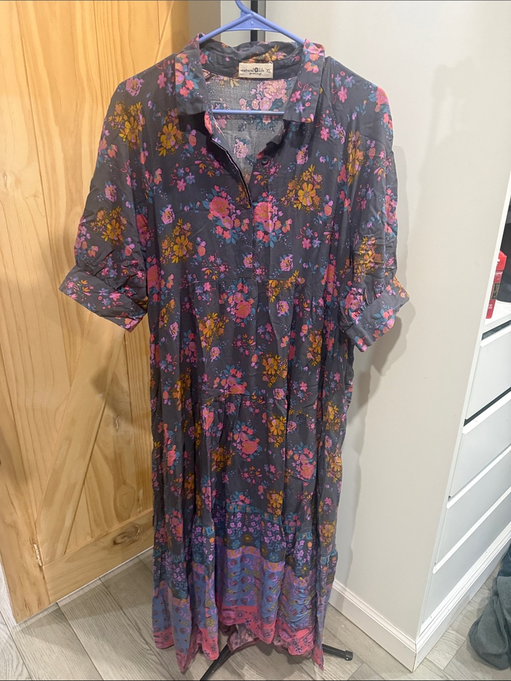 NATURAL LIFE Dark Floral Maxi Dress with Pink and Yellow Accents